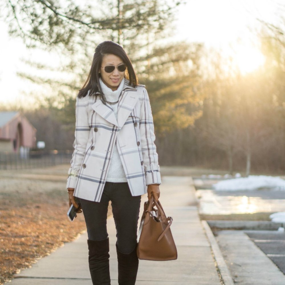 COACH Tattersall Short Plaid Trench Coat